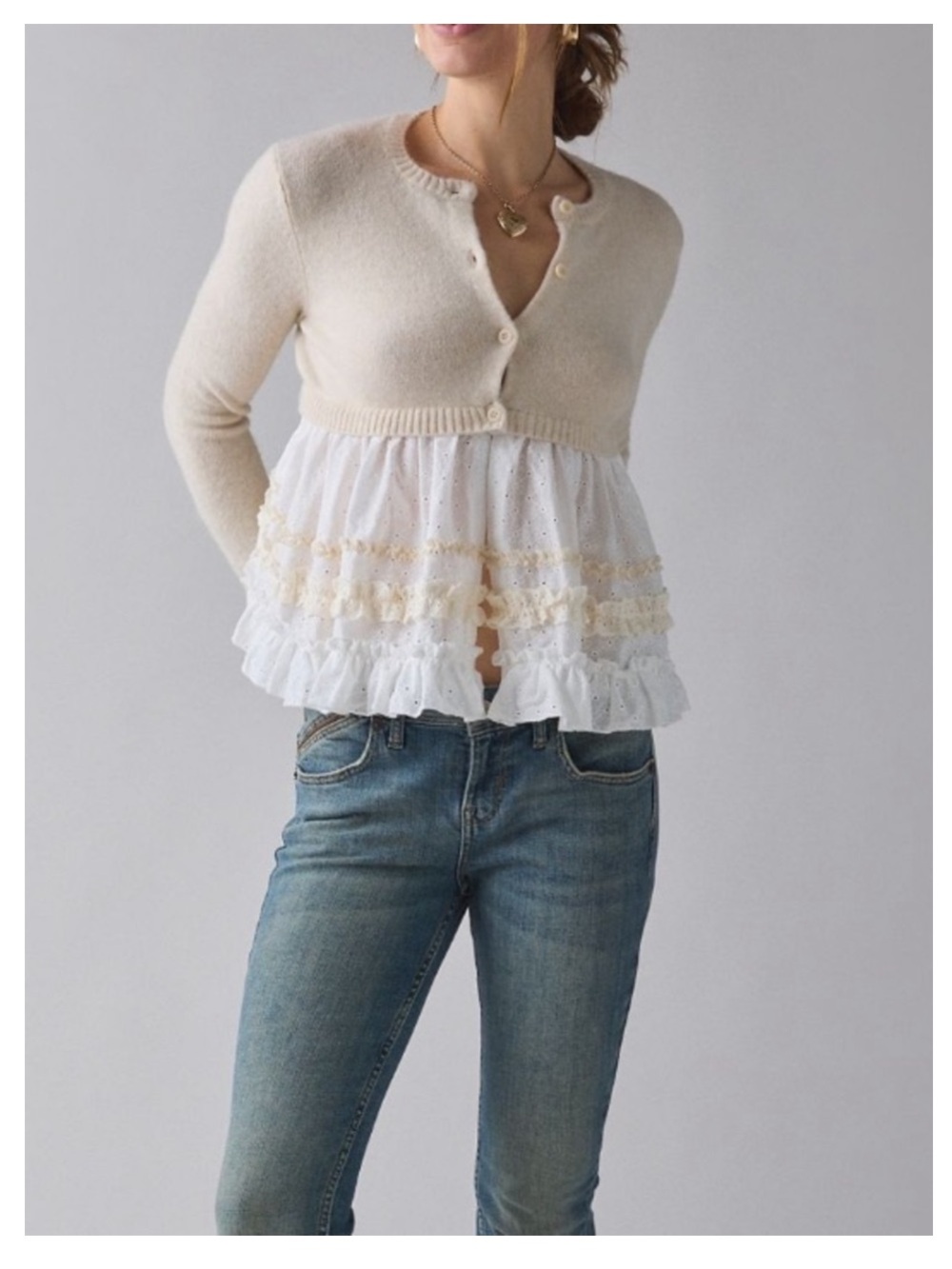 🟤NWT KIMCHI BLUE Monical Mixed Media Ruffle Peplum Cardigan in Antique White XS - Picture 4 of 5